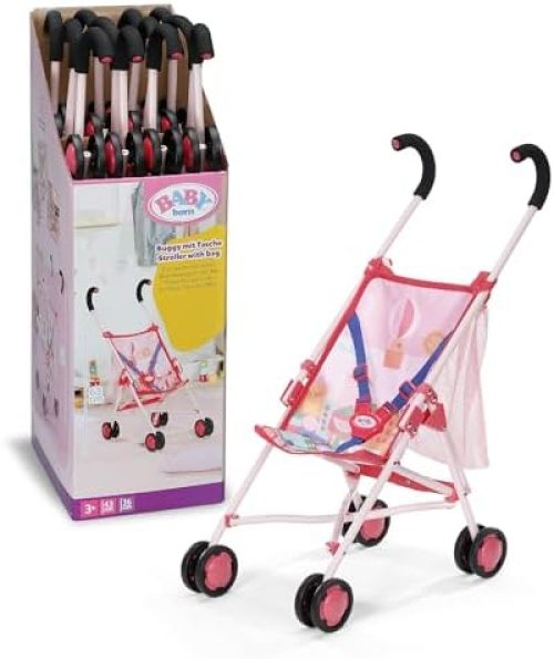 Baby Born Doll’s Pram with Bag in Pink with 3 Point Harness Foldable