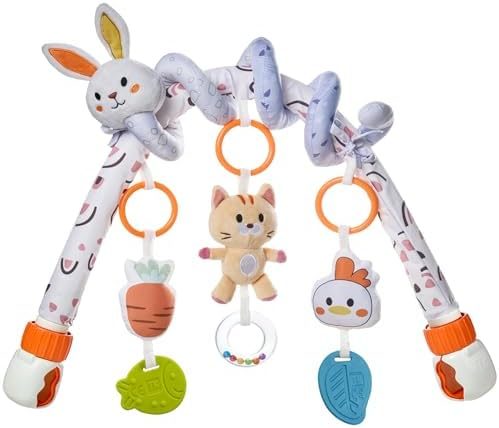 TUMAMA 2 in 1 Spiral Car Seat Toys for Babies 0-6 Months, Stroller Toys for Infant 0-6 Months Arch Hanging Toys with Clip Adjustable Detachable Sensory Travel Crib Bouncer Bassinet Activity Toys
