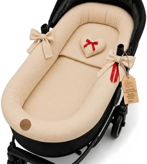 Muslin Cotton Bassinet Border – Cot Bumper for Baby Carrycot Pushchair and Buggy Breathable – Protective Cover Set 3-Piece with Cushion and Insert for Newborns Beige B