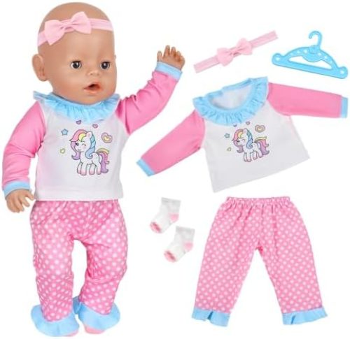5 Pcs Baby Doll Clothes Pajamas for 14-18 Inch Baby Dolls, Pink Blue Pony Nightgown Doll Outfits with Sleepwear Top Pants Socks Headbands Hanger for 35-45 cm Doll, Cute Doll Accessories Girls Gift