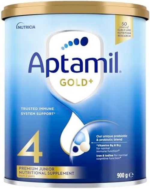 Aptamil Gold+ 4 Premium Junior Milk Drink, Rich in Essential Vitamins and Minerals, Toddler Formula with Probiotic & Prebiotic Blend and Omega 3-DHA, Easy to Prepare, From 2 Years, 900g
